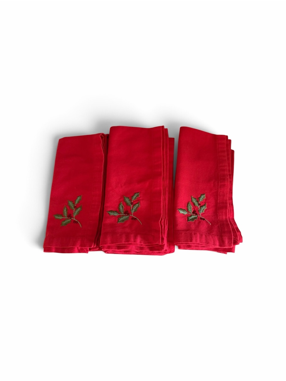 Vintage Red Embroidered Napkin Set with HollyBerry Leaf Motif set of 5
